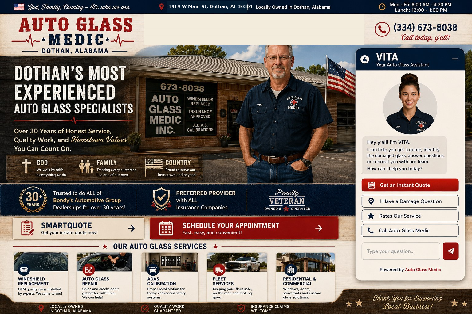 Auto Glass Medic homepage with Tim Bigham, shop and services